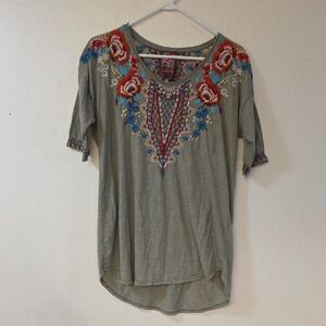 Johnny Was Green Graphic Embellished 3/4 Sleeve Blouse